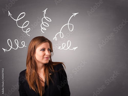 Young woman thinking with arrows overhead