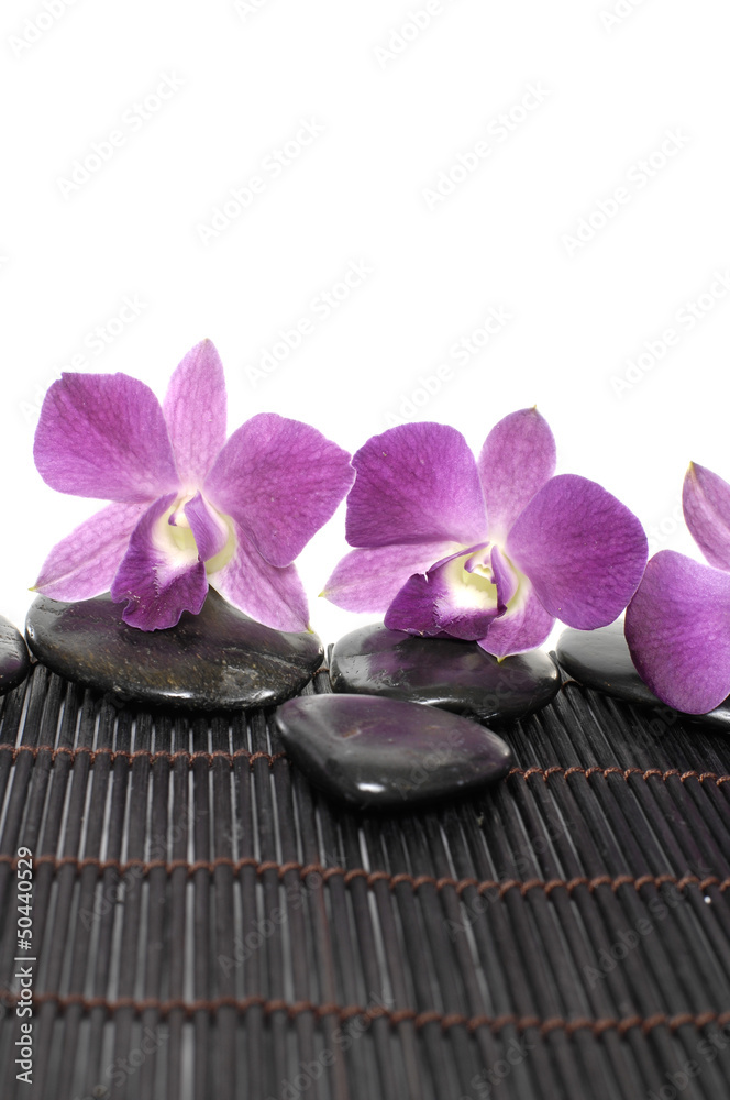orchid with stones on bamboo stick straw mat orchid with stones on bamboo stick straw mat
