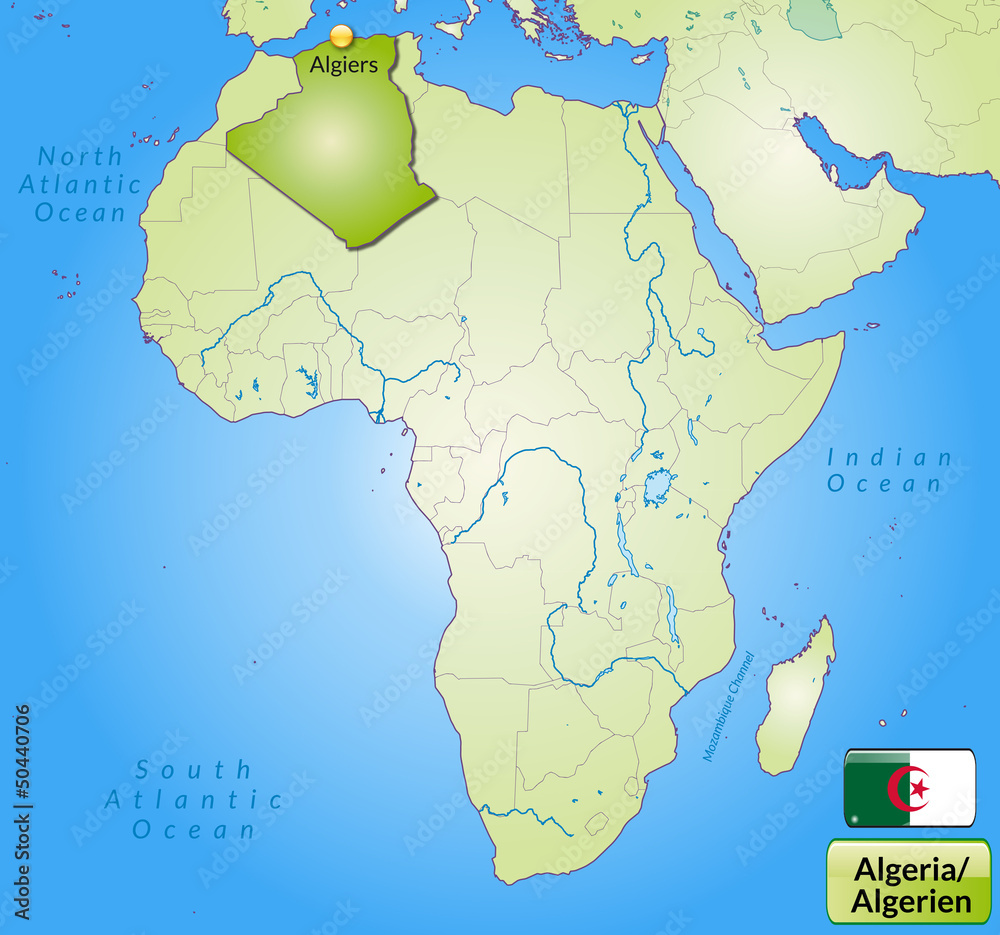 Übersichtskarte von Algerien mit Landesflagge