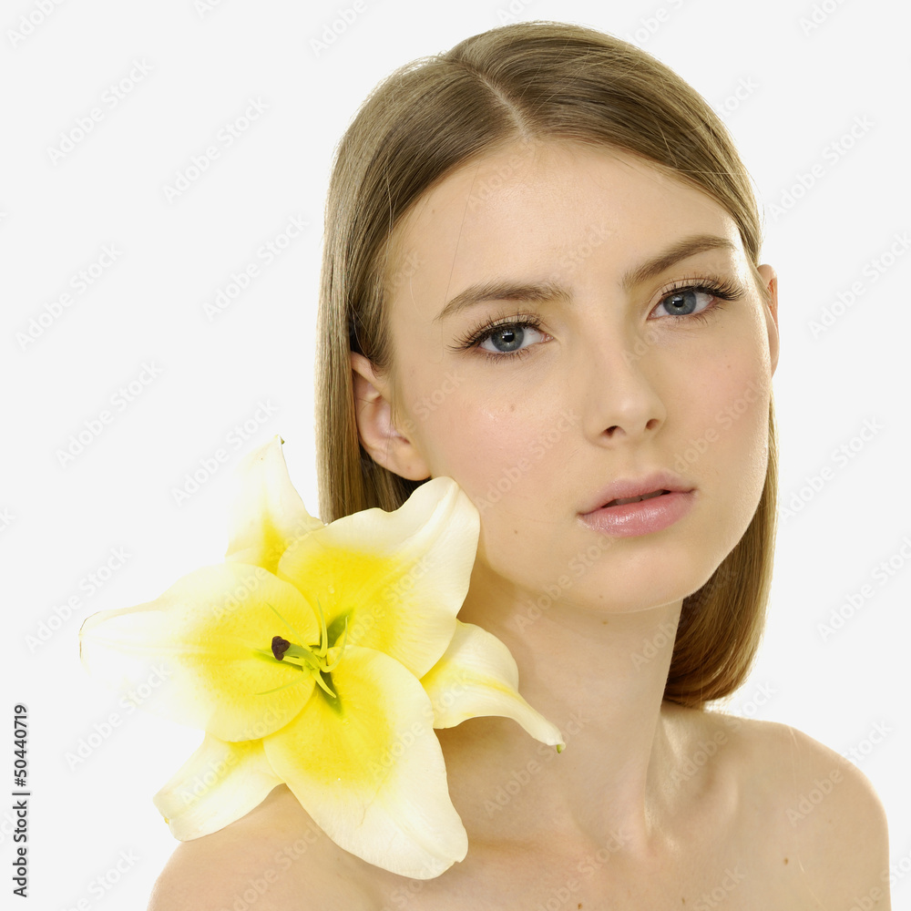 brunette young woman beauty portrait with orchid brunette young woman beauty portrait with orchid