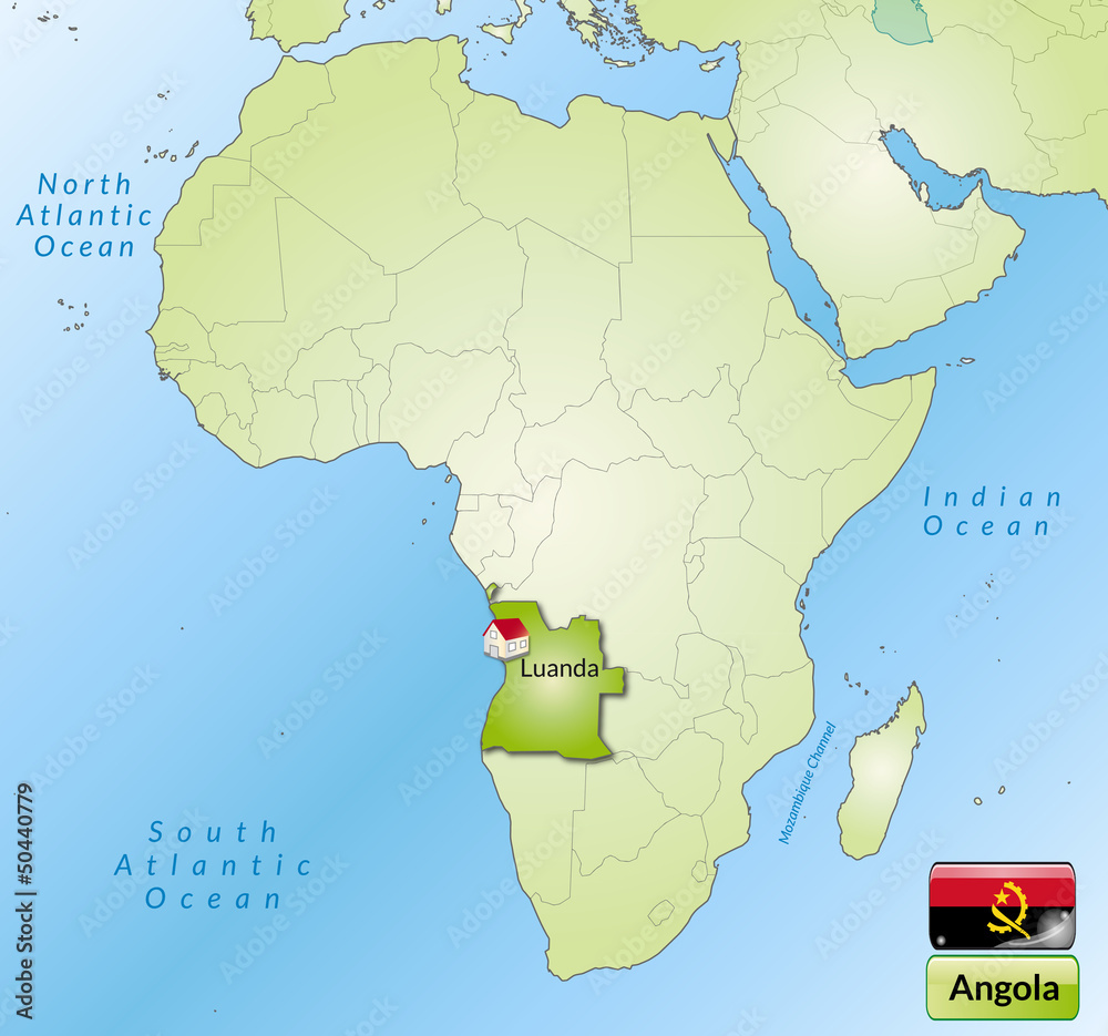 Übersichtskarte von Angola mit Landesflagge