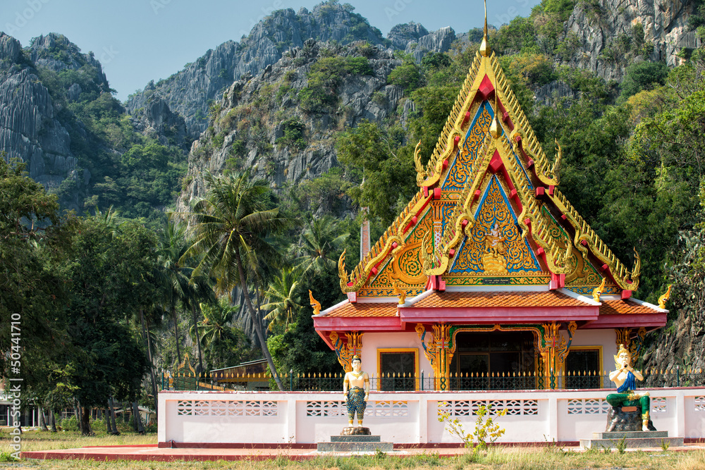 Buddhist temple and limestone rocks in Sam Roi Yot National Park