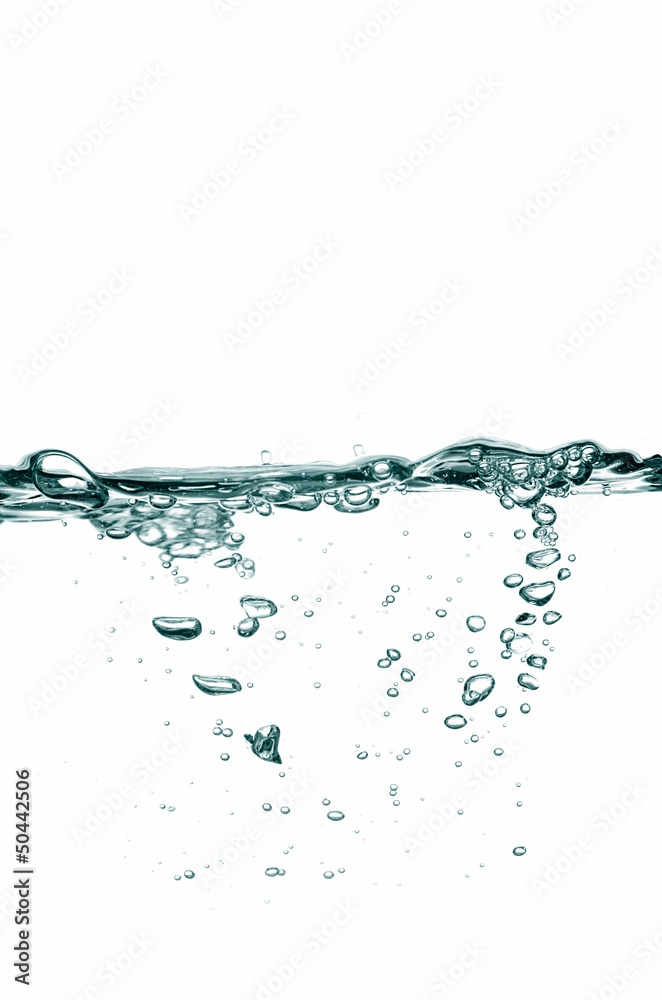 Fresh blue water with bubbles on a white background Fresh blue water with bubbles on a white background