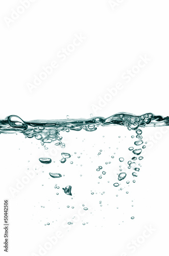 Fresh blue water with bubbles on a white background