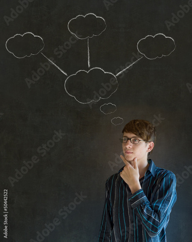 Thinking business man with chalk cloud thoughts