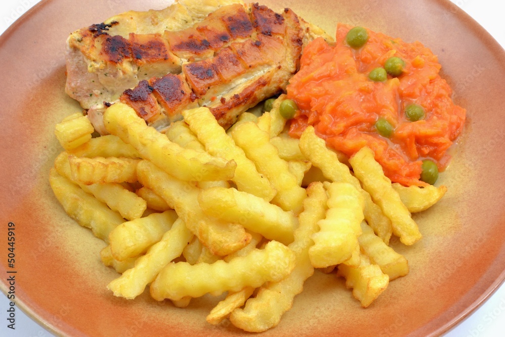 filet drobiowy z frytkami i marchewką filet drobiowy z frytkami i marchewką