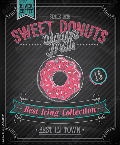 Donuts Poster - Chalkboard. Vector illustration.