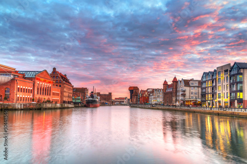 Sunset in old town of Gdansk at Motlawa river, Poland