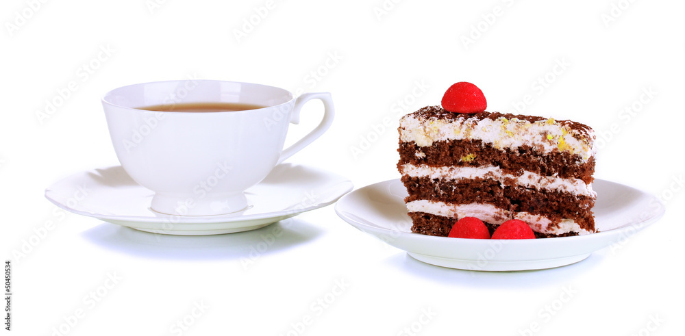 A cup of tea and delicious cake isolated on white A cup of tea and delicious cake isolated on white