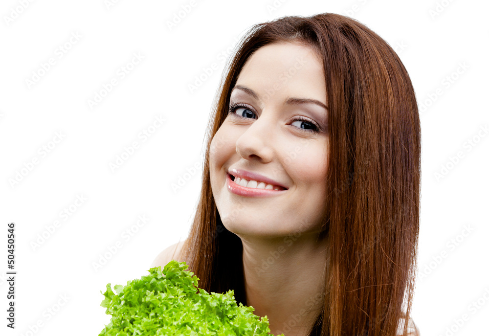 Woman keeps fresh lettuce, isolated on white Woman keeps fresh lettuce, isolated on white