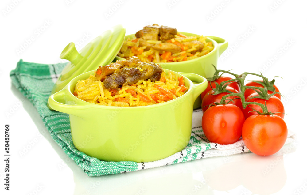 Delicious pilaf with vegetables isolated on white Delicious pilaf with vegetables isolated on white