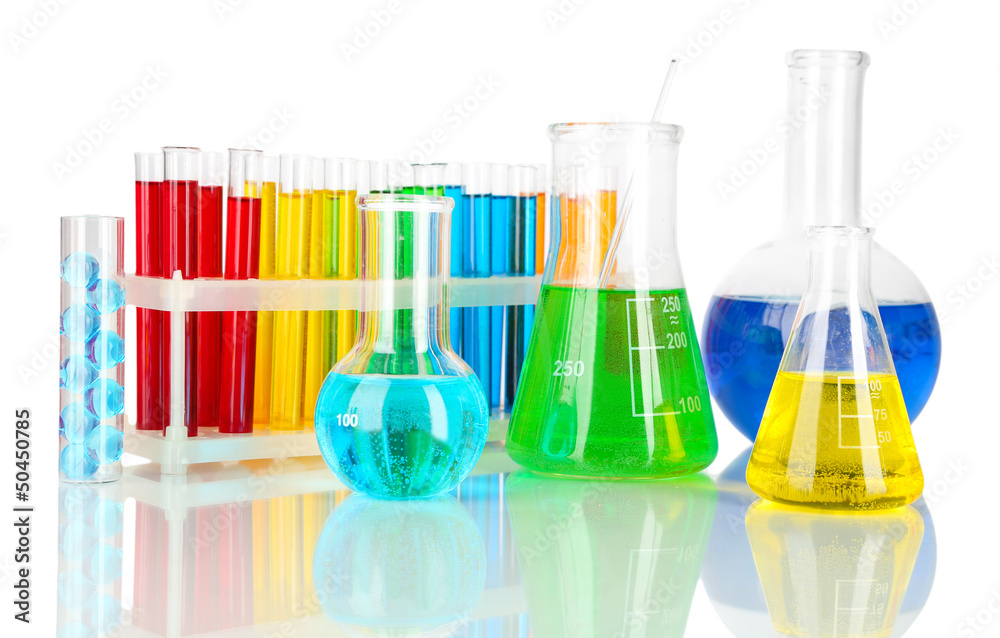 Test tubes with colorful liquids isolated on white Test tubes with colorful liquids isolated on white