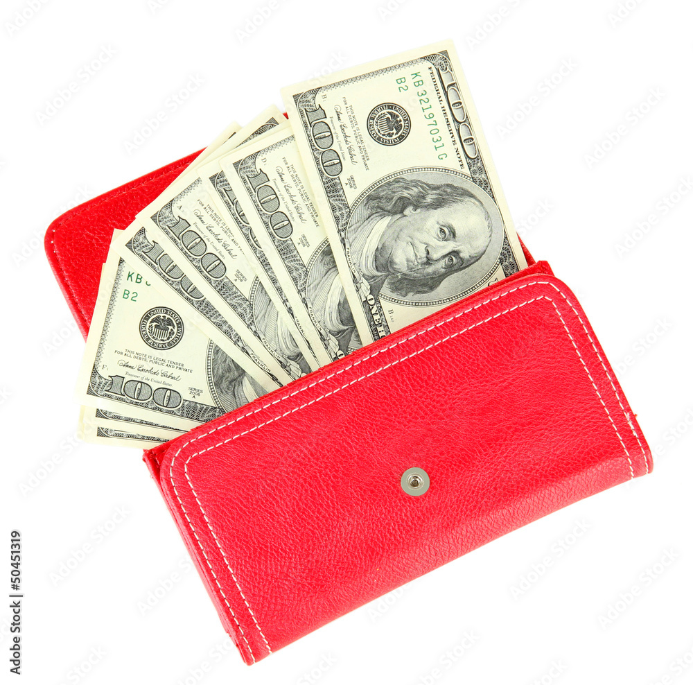 Purse with hundred dollar banknotes, isolated on white Purse with hundred dollar banknotes, isolated on white