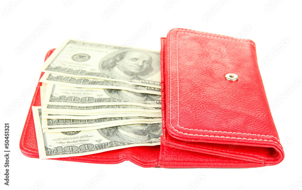 Purse with hundred dollar banknotes, isolated on white