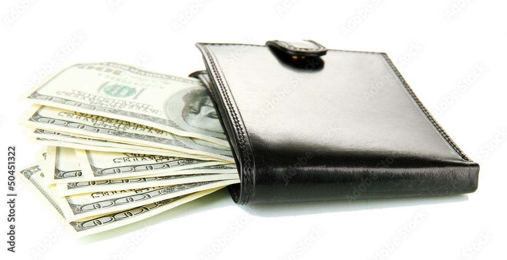 Wallet with hundred dollar banknotes, isolated on white Wallet with hundred dollar banknotes, isolated on white