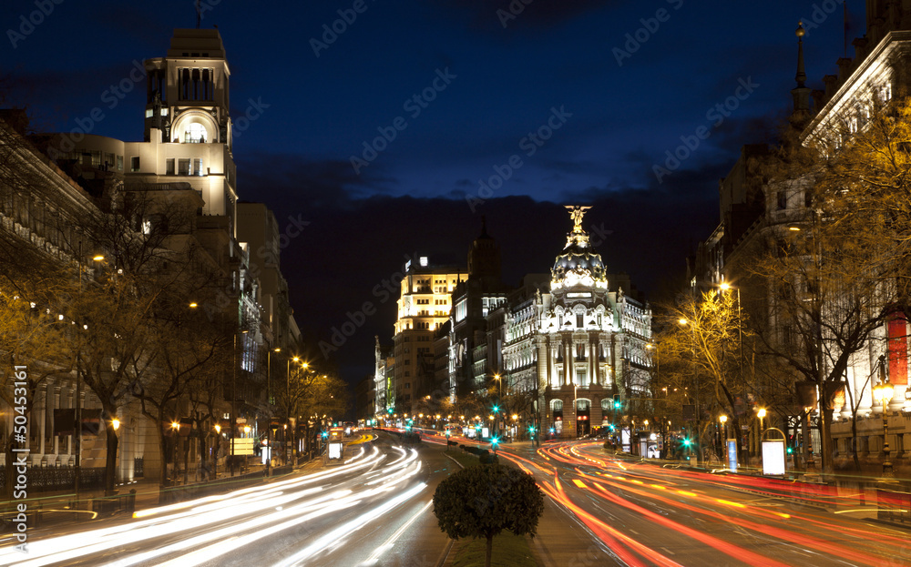 Madrid - look from Plaza de Cibeles in dusk to Cale de Alcala