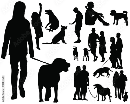 Silhouettes of people with dog-vector