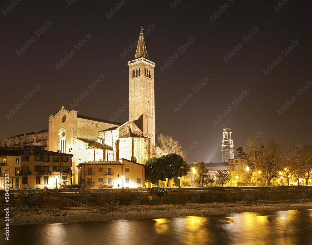 Verona - Adige river and Santa Anastasia church at night