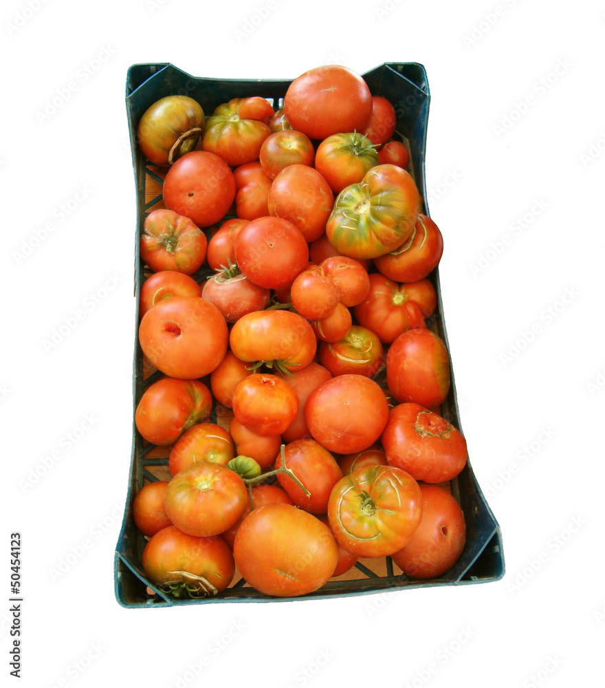Caja de tomates aislada en blanco