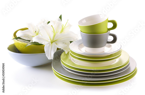 Fototapeta Naklejka Na Ścianę i Meble -  Empty bowls, plates and cups isolated on white