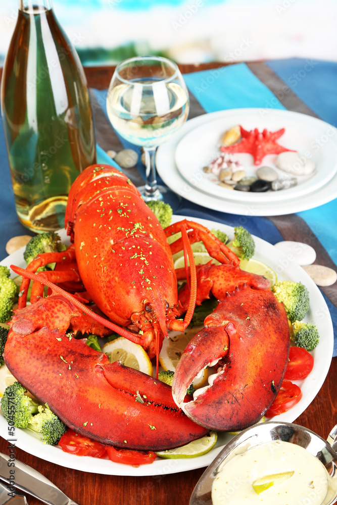 Red lobster on platter on serving table close-up Red lobster on platter on serving table close-up