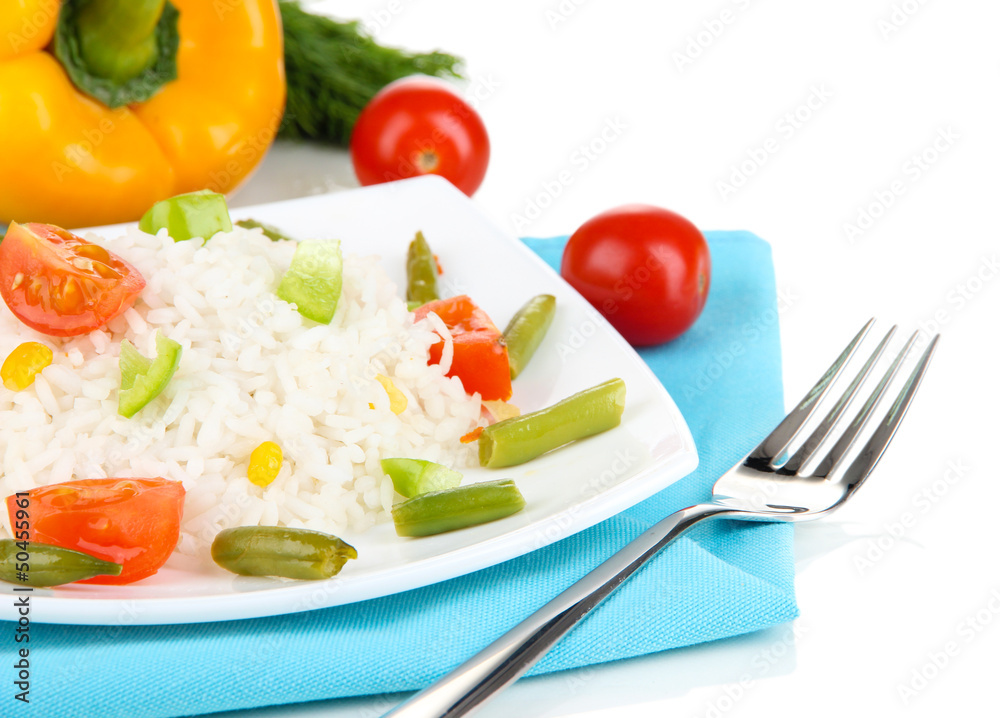 Delicious risotto with vegetables isolated on white Delicious risotto with vegetables isolated on white