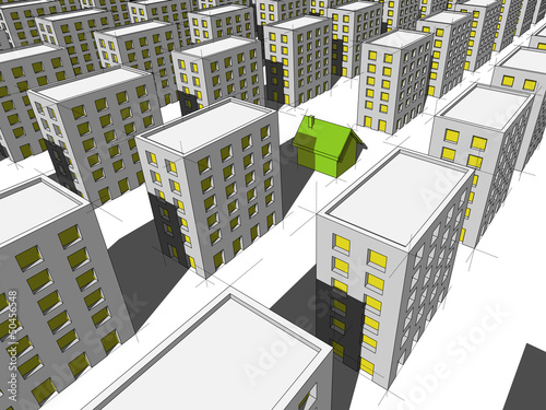 green „ecological“ house surrounded by many blocks of flats