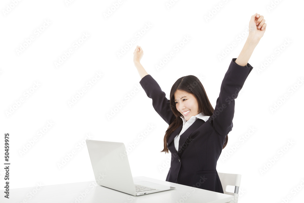 happy businesswoman with laptop and isolated on white happy businesswoman with laptop and isolated on white