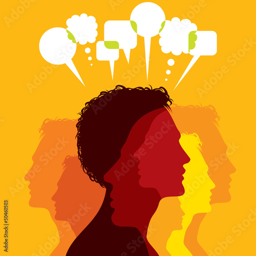 business people network and communicate in speech bubbles.