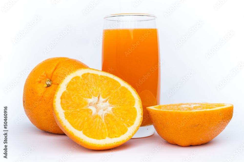 Orange juice and slices of orange isolated on white Orange juice and slices of orange isolated on white