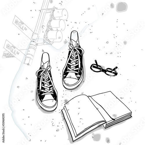 still life of book and shoes