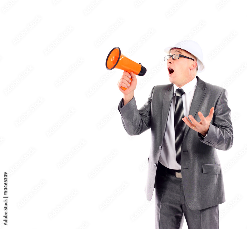 Fototapeta premium Business man yelling through a megaphone on white background