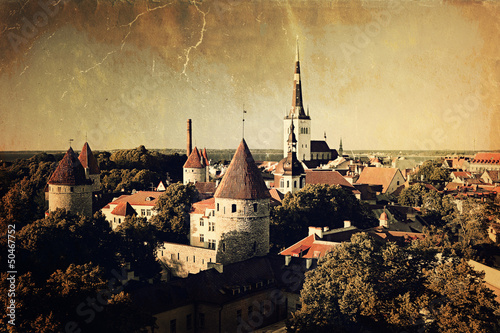 Panoramic vintage style view of Tallinn old city center