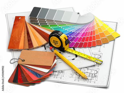 Fototapeta Naklejka Na Ścianę i Meble -  interior design. Architectural materials tools and blueprints