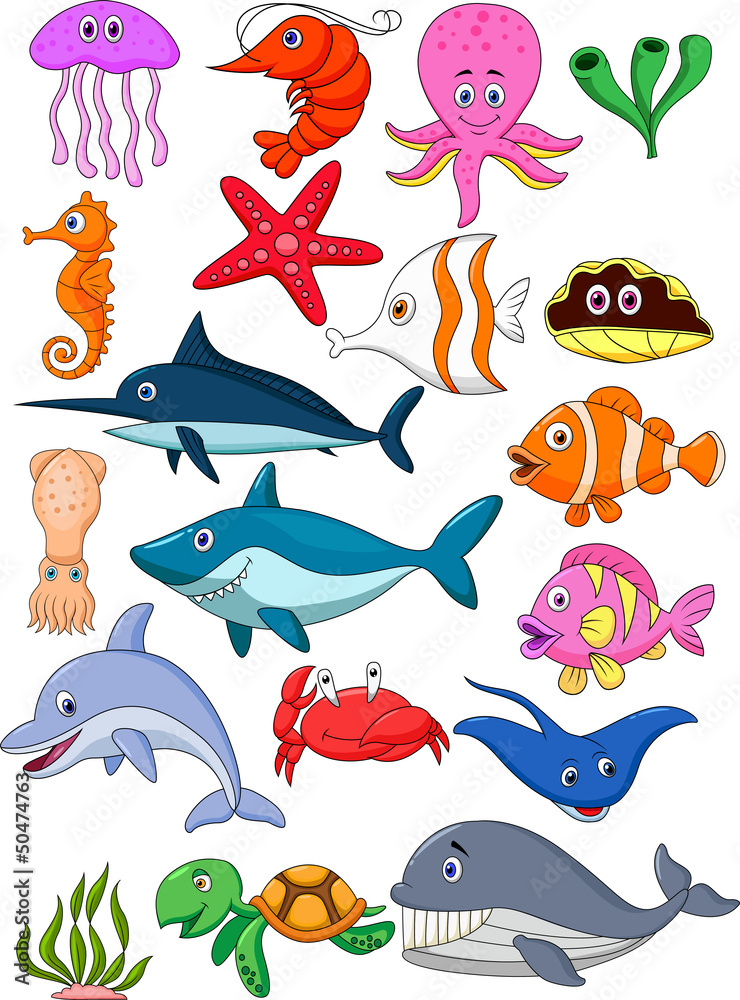 Naklejka premium Sea life cartoon set