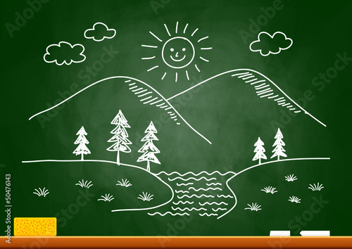 Drawing of landscape on blackboard