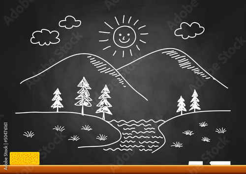 Drawing of landscape on blackboard