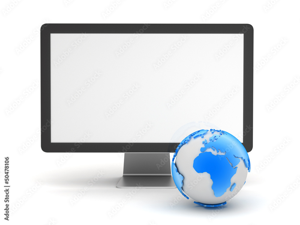Computer monitor and earth globe on white background Computer monitor and earth globe on white background