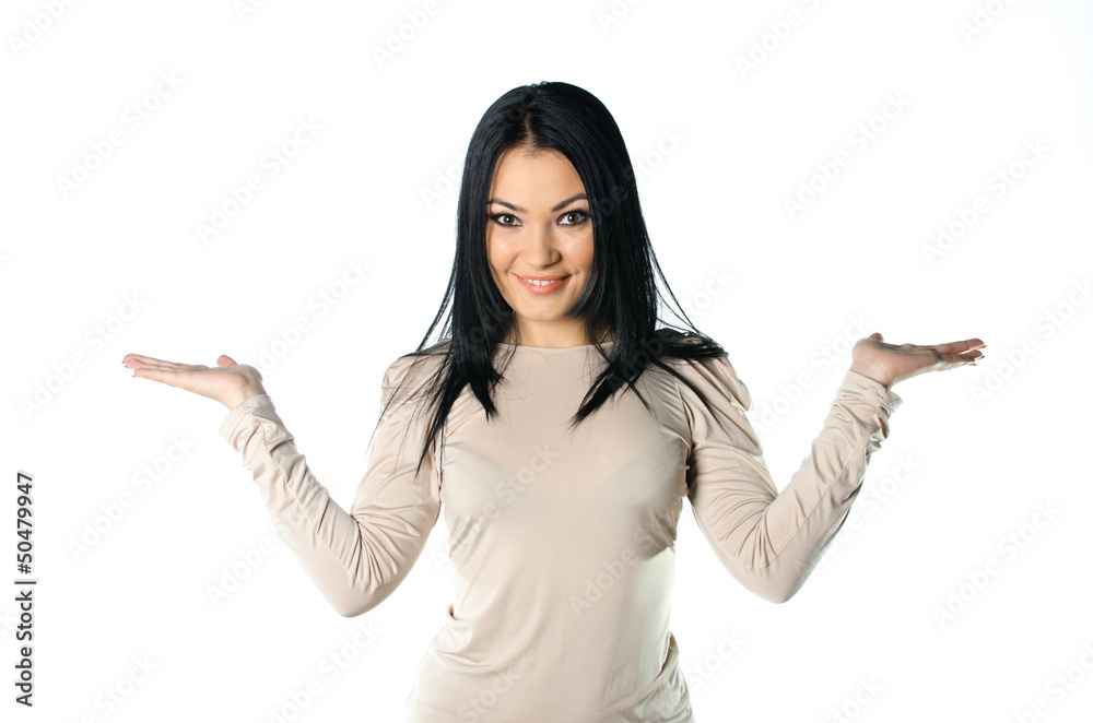Beautiful brunette showing your product Beautiful brunette showing your product