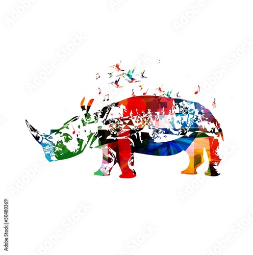 Fototapeta Naklejka Na Ścianę i Meble -  Colorful vector rhino background with hummingbirds