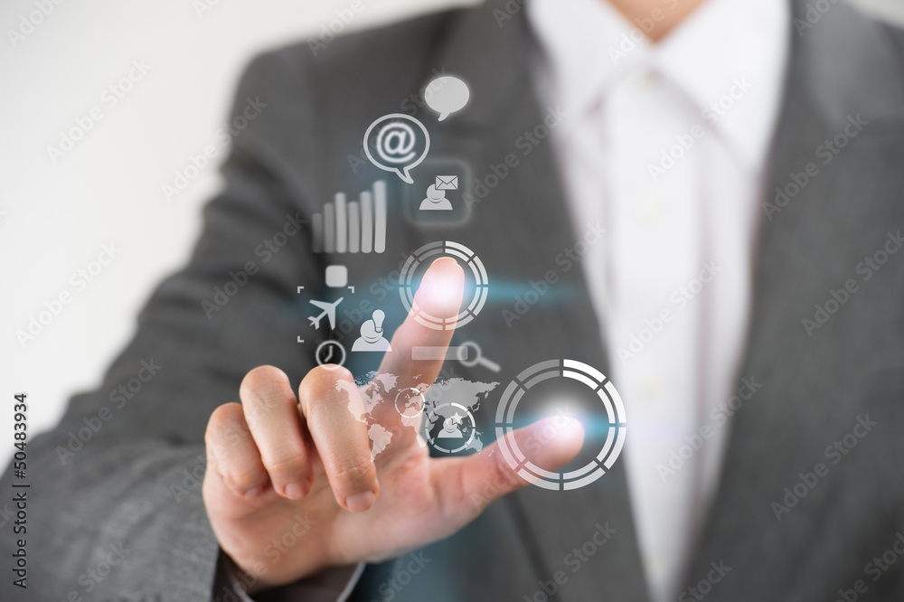 Technology concept. Businesswoman and virtual interface with web Technology concept. Businesswoman and virtual interface with web