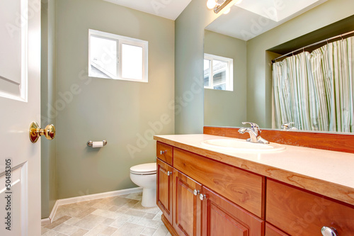Green clean new bathroom with wood cabients.
