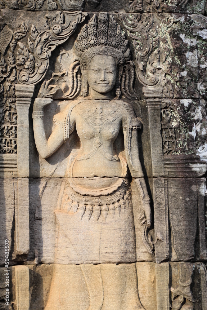 Apsara relief stone carving at Angkor in Siam Reap, Cambodia