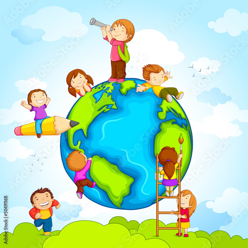vector illustration of kids climbing around earth