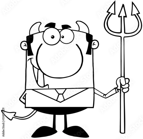Outlined Smiling Devil Boss With A Trident