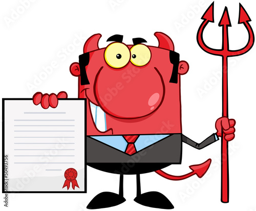 Smiling Devil Boss With A Trident Holds Up A Contract