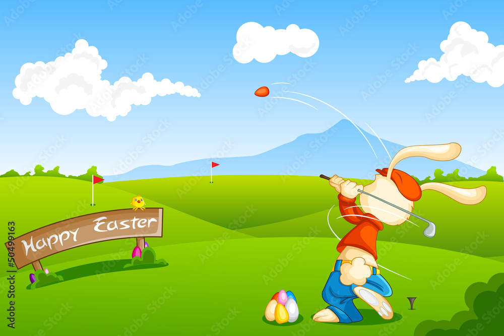 Naklejka premium Bunny playing Golf with Easter Egg