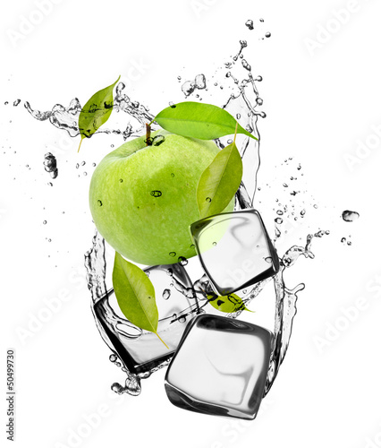 Green apple with ice cubes, isolated on white background
