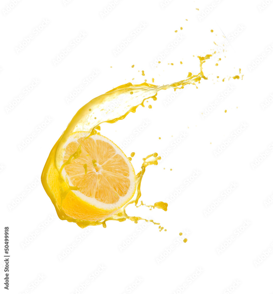 Lemon slice with splash, isolated on white background