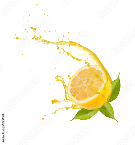 Lemon slice with splash, isolated on white background